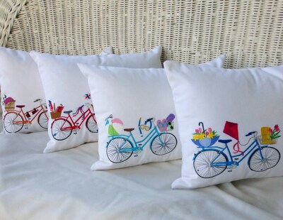 Spring Pillow covers, Embroidered bicycle pillow, seasonal bike pillows, embroidered Accent pillows, bike pillows - image4